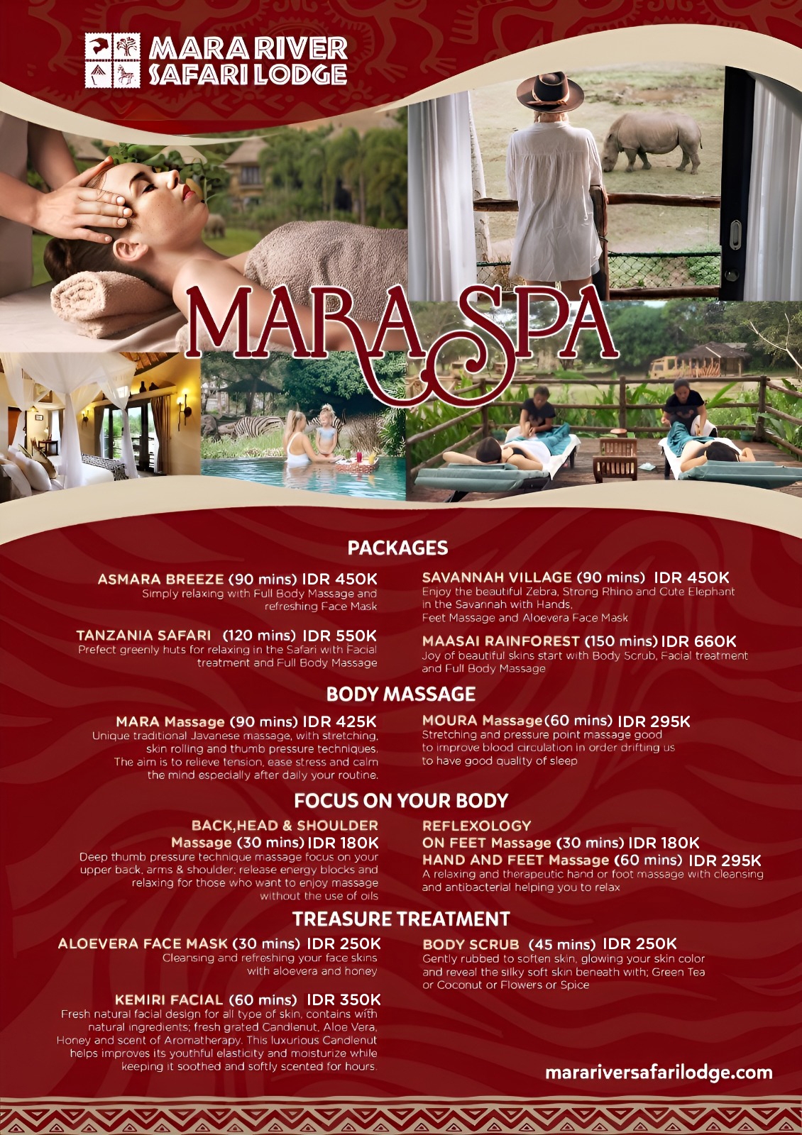 Menu of the Mara River lodge's spa and beauty